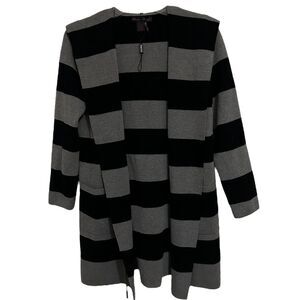 ELENA WANG Long Sleeve Black/Gray Striped Hooded Longline Cardigan S